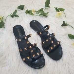 Olivia Miller Black PVC Jelly Sandals with Gold Studs, Size 40 US 9.